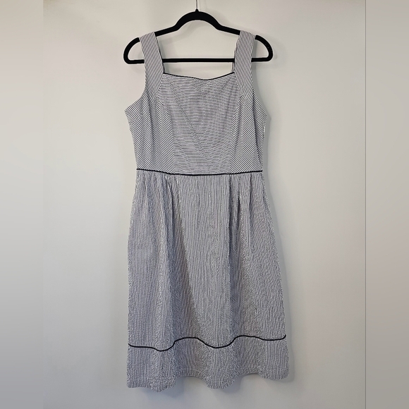 Lands' End Blue & White Seersucker Pinstriped Nautical Lined Dress wSide Pockets - Picture 1 of 15